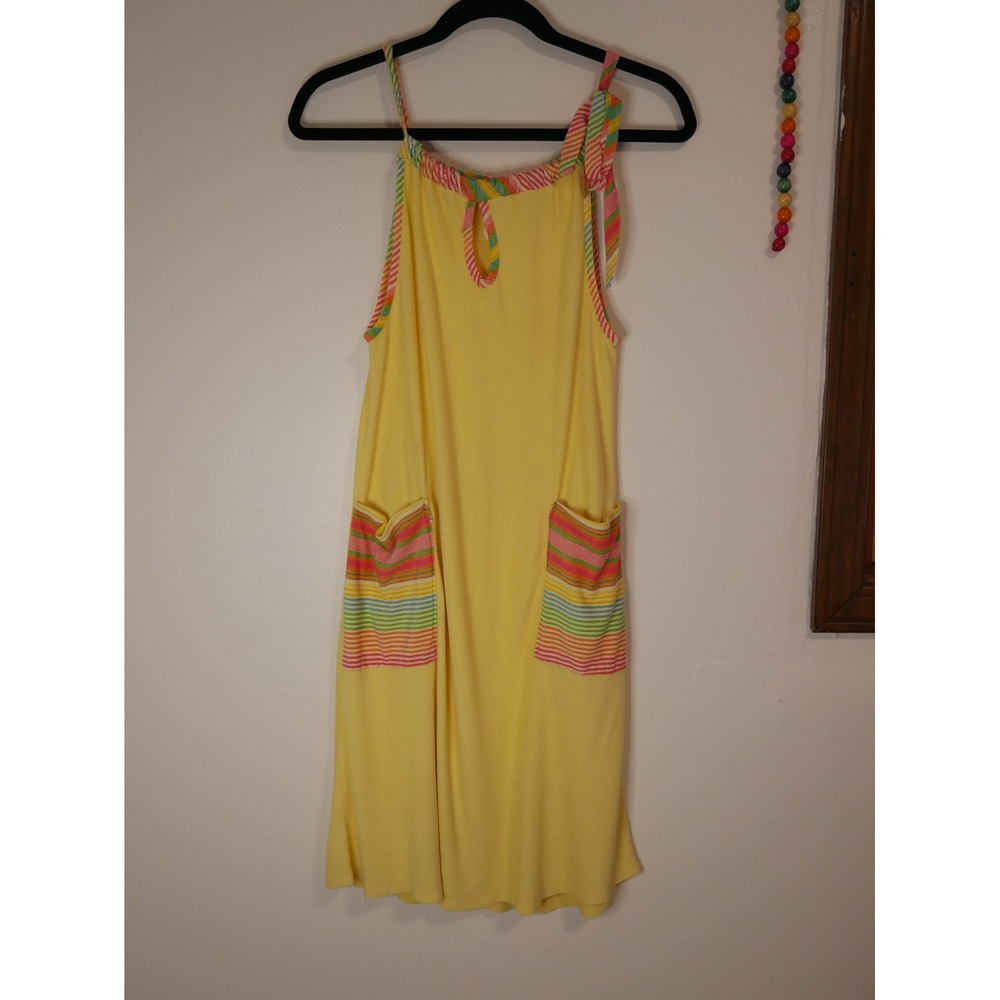 Vintage 70s Terry Cloth Beach Coverup Dress Yellow Striped Pockets Size 12